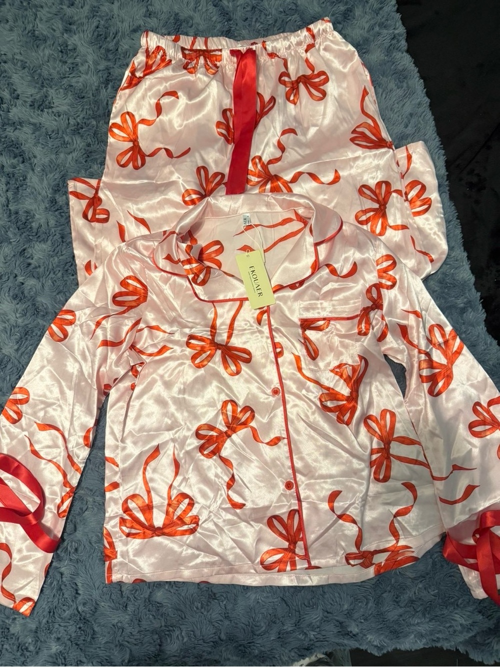Silky Pink Satin Pajama Set with Red Bow Print - ELOMIAR